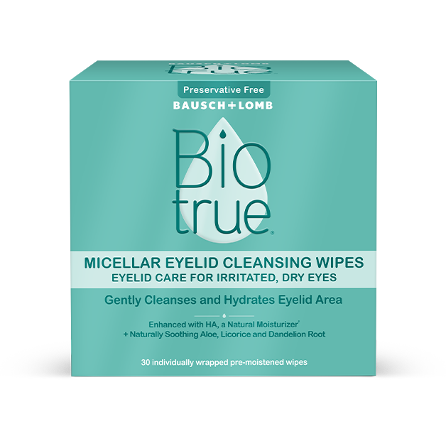 box containing 30 individually wrapped, pre-moistened wipes of Bausch + Lomb Biotrue® Micellar Eyelid Cleansing Wipes