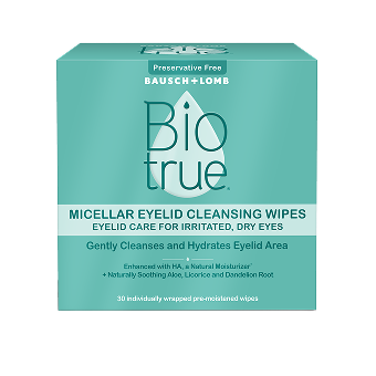 box containing 30 individually wrapped, pre-moistened wipes of Bausch + Lomb Biotrue® Micellar Eyelid Cleansing Wipes