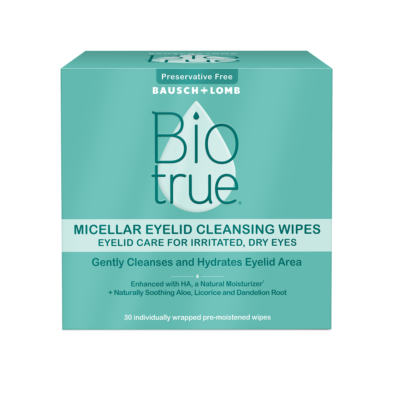 box containing 30 individually wrapped, pre-moistened wipes of Bausch + Lomb Biotrue® Micellar Eyelid Cleansing Wipes