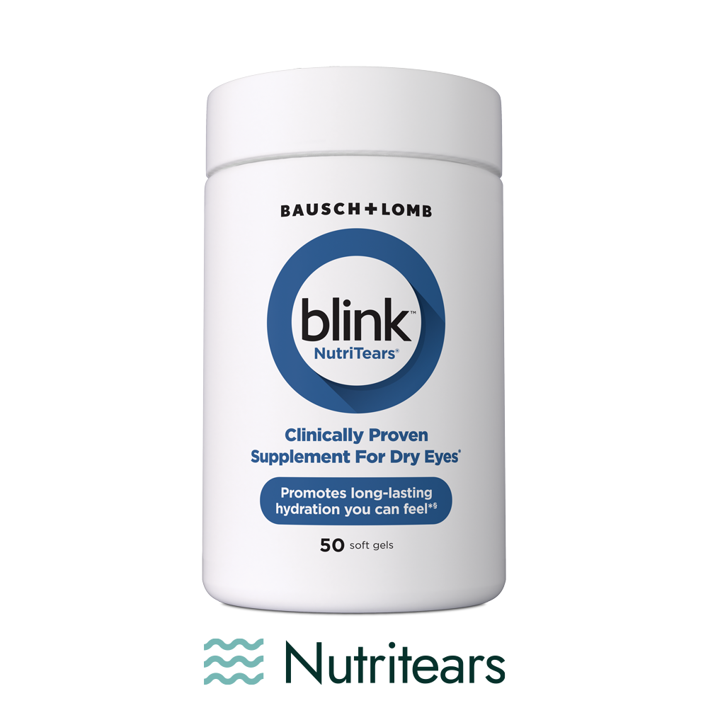 50-capsule bottle of blink™ NutriTears® Dry Eye Supplement with pill