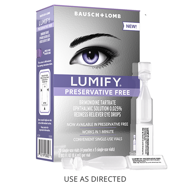 .25 ounce bottle of Bausch + Lomb LUMIFY® Preservative Free Redness Reliever Eye Drops 